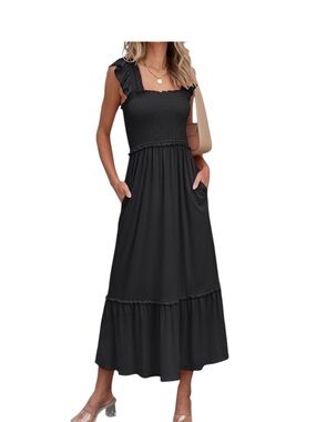 Black Smocked Maxi Dress with Ruffle Straps